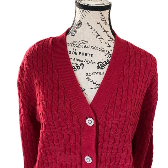 Anne Klein Red Long Sleeve Cable Cardigan Sweater With Jewel Buttons NWT Size S - Picture 4 of 8